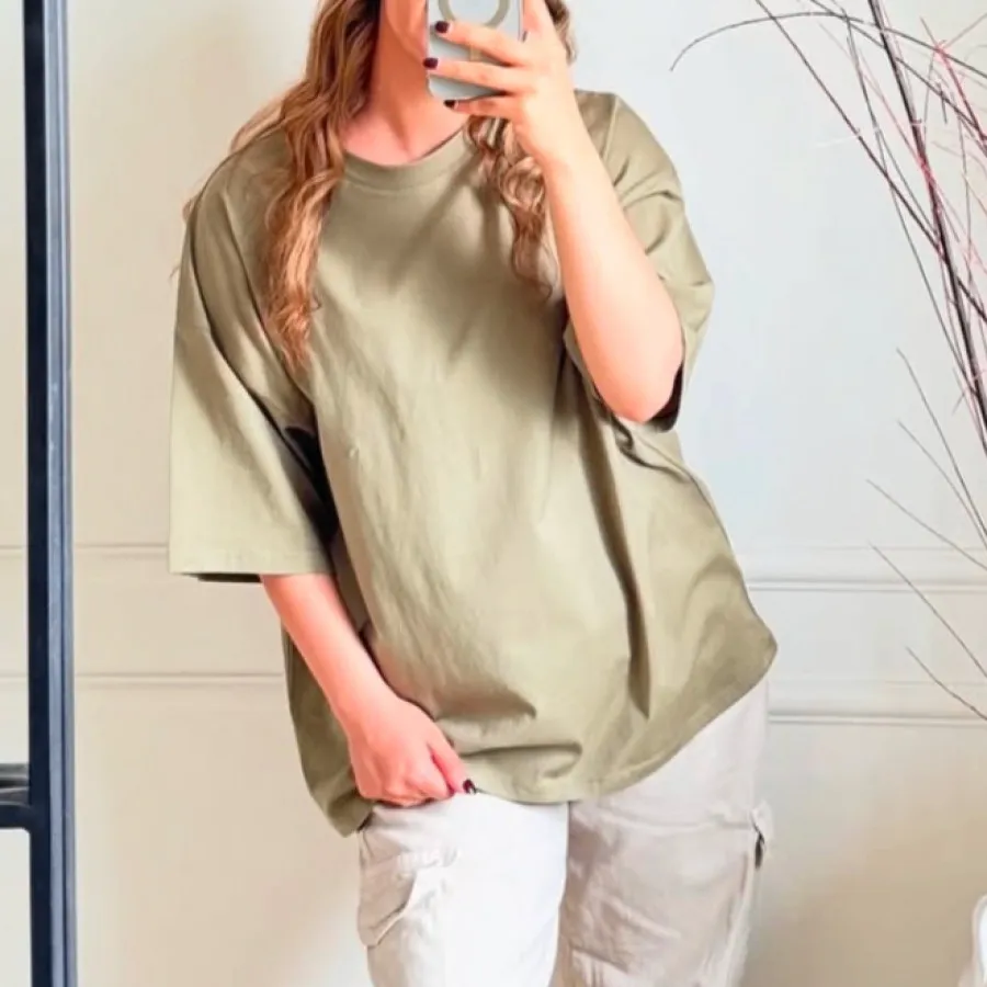 تیشرت باکسی کرم سبز-قهوه❌