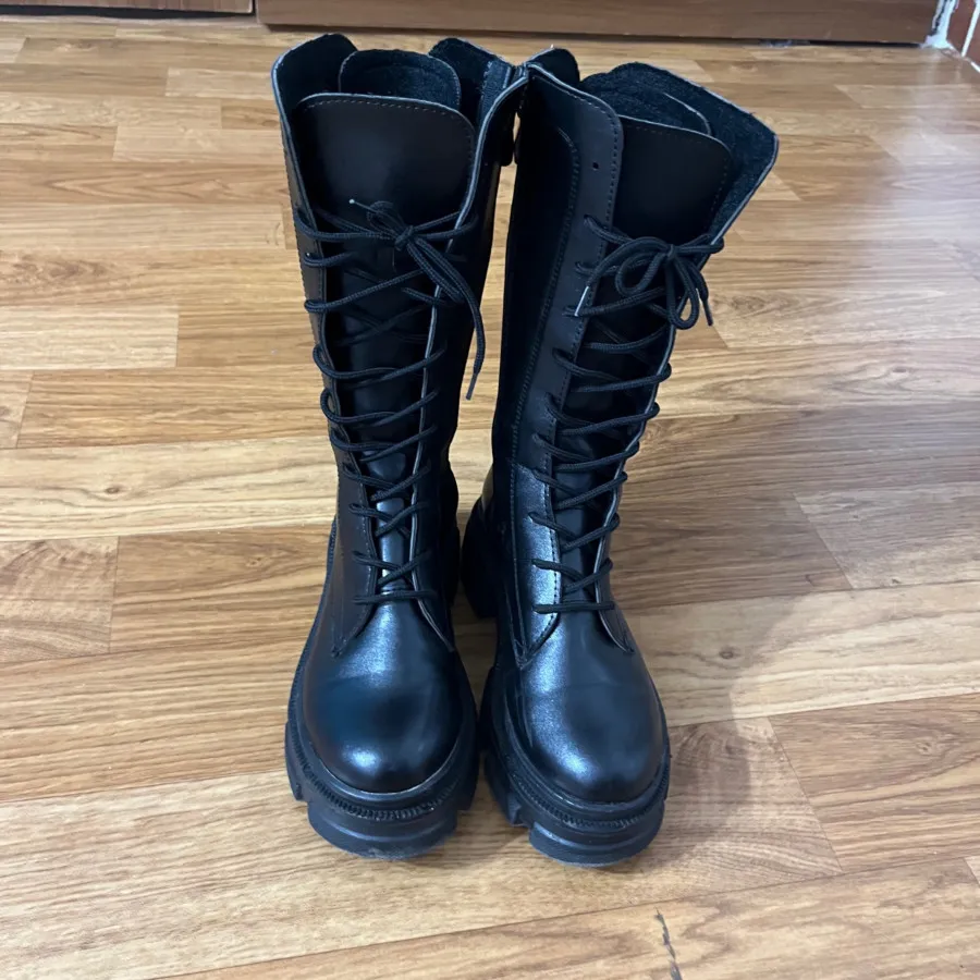 بوت بلند بند دار چرم مشکی