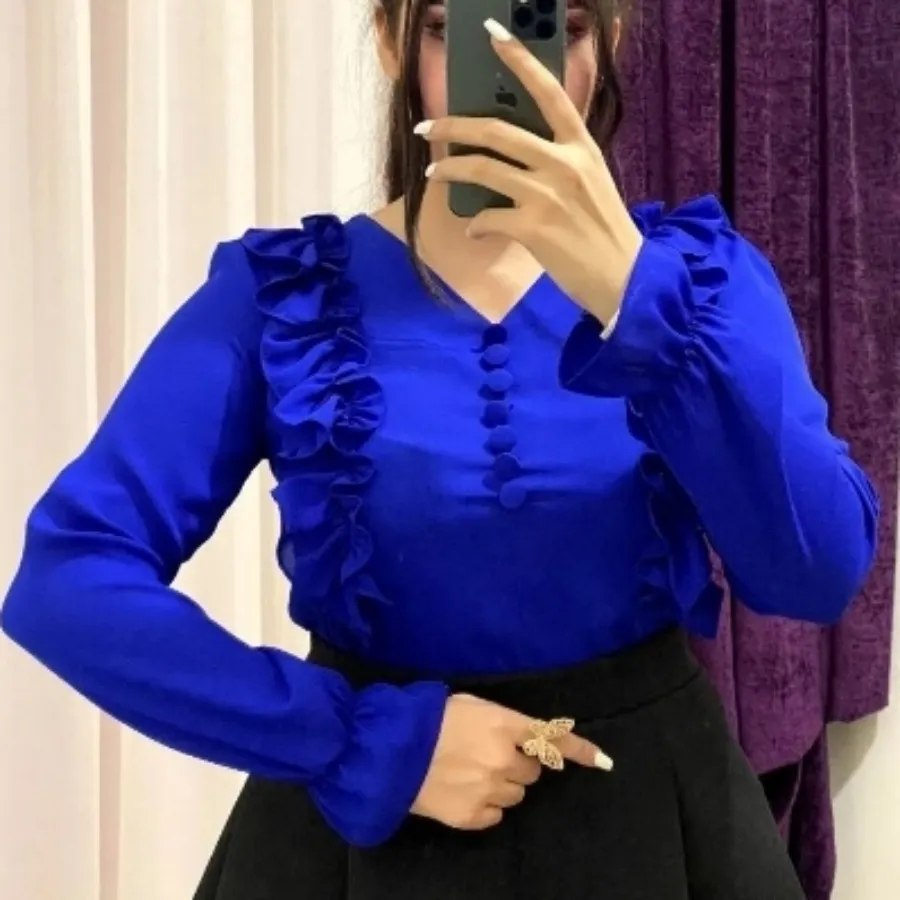 شومیز کرپ آبی کاربنی