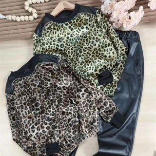 بلوز شلوار چرم مخمل پلنگی