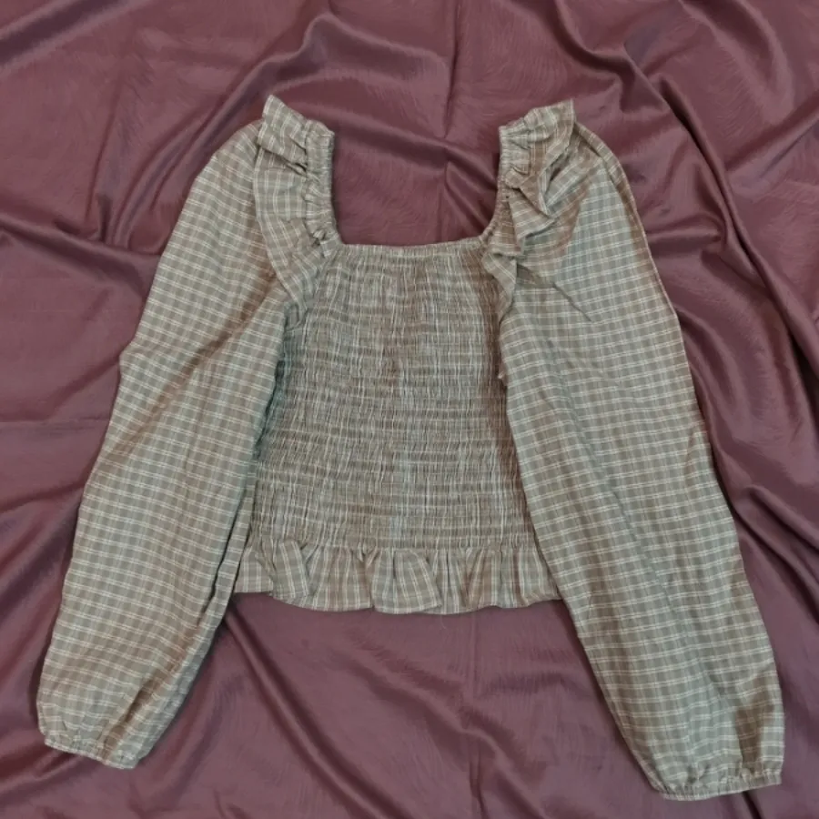 بلوز چهارخونه آستین پفی