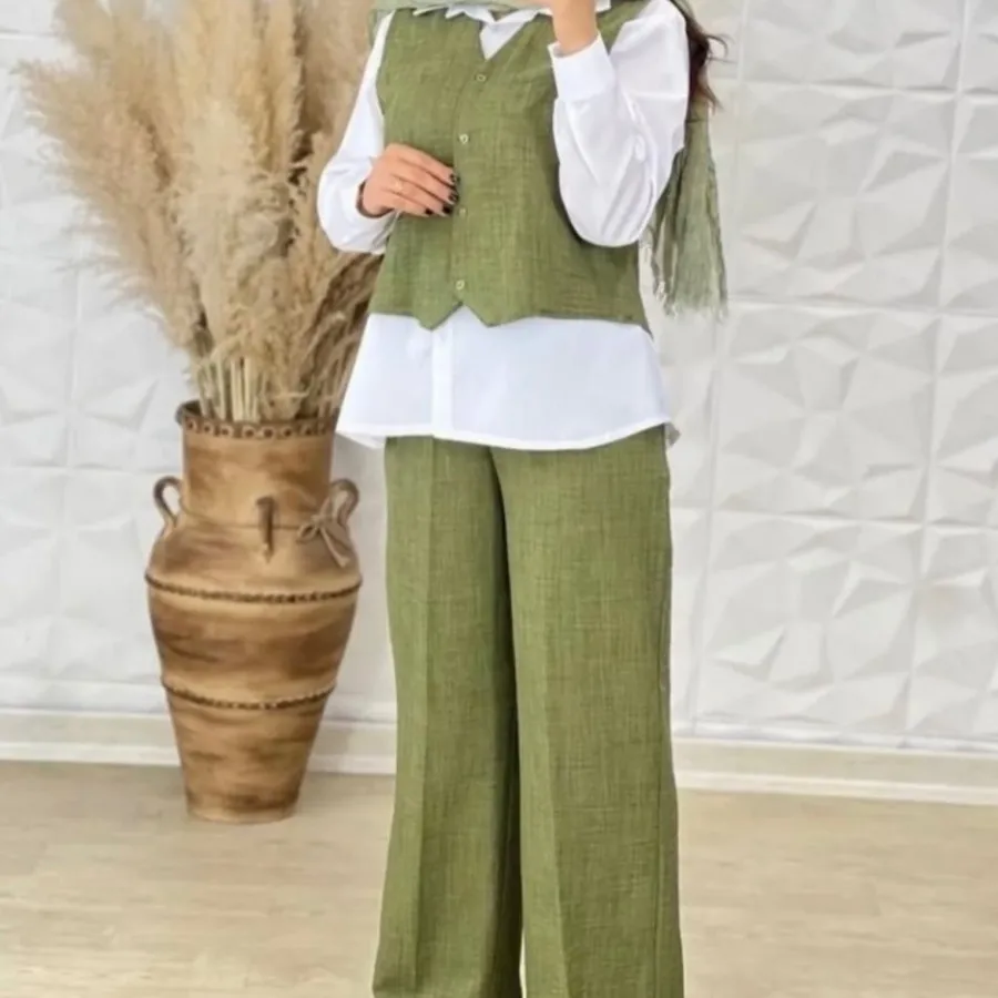 ست جلیقه و شلوار نخی نو