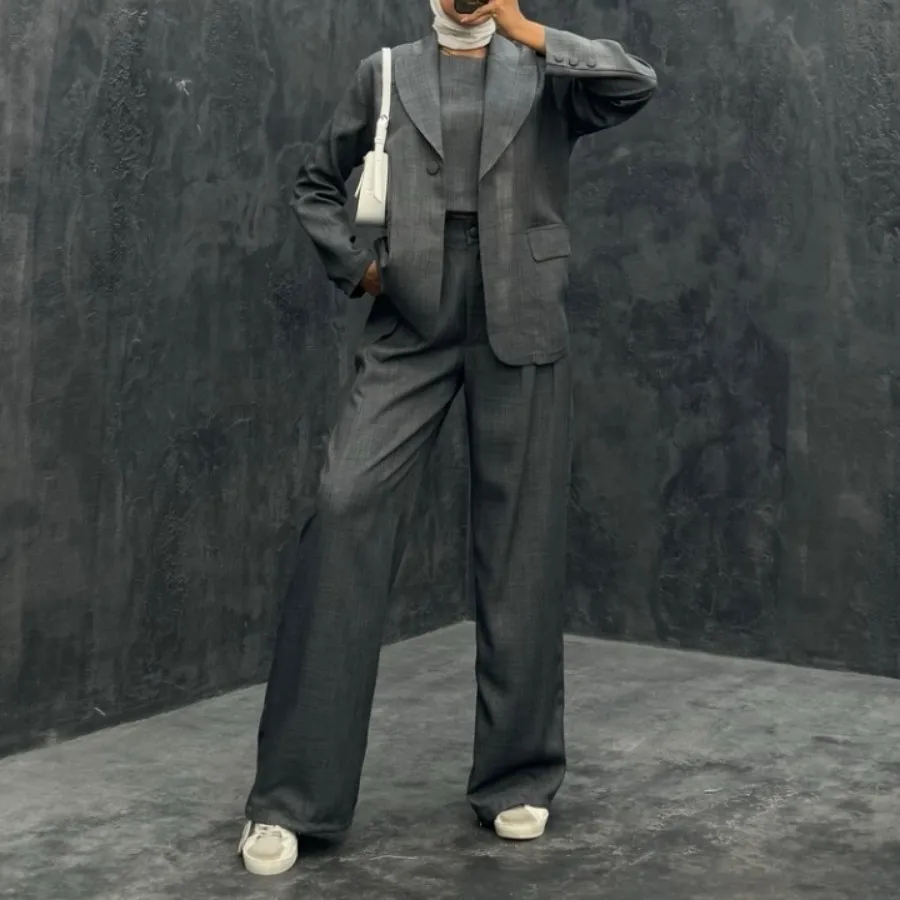 ست طوسی نخی سه تکه کت