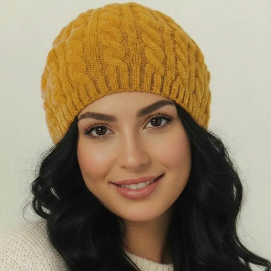 کلاه بافتنی طرح پیچ زرد