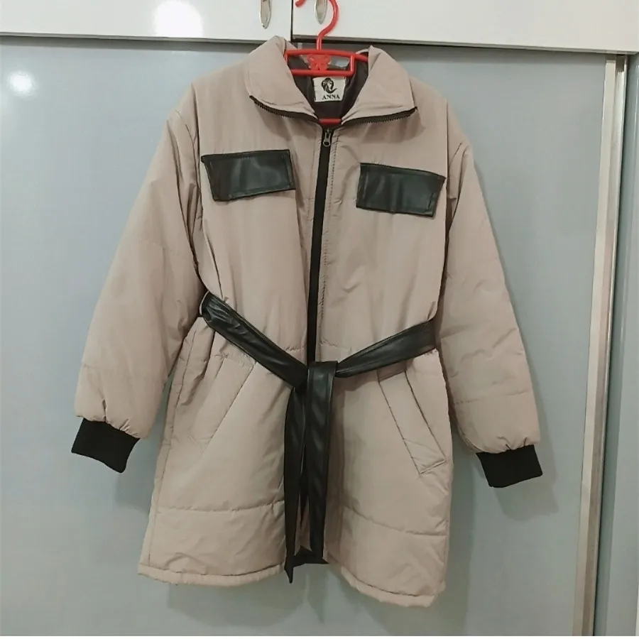 کاپشن طوسی کمربند چرم