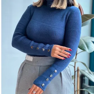 بافت آستین سه دکمه آبی