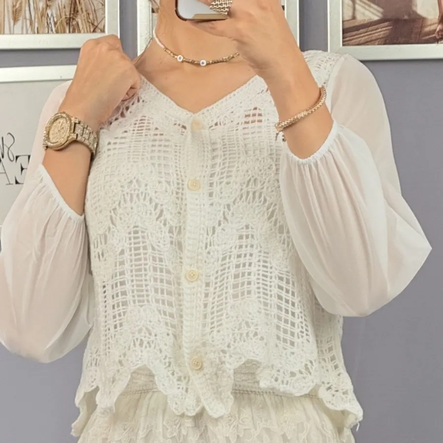 کراپ قلاب دوزی آستین حریر