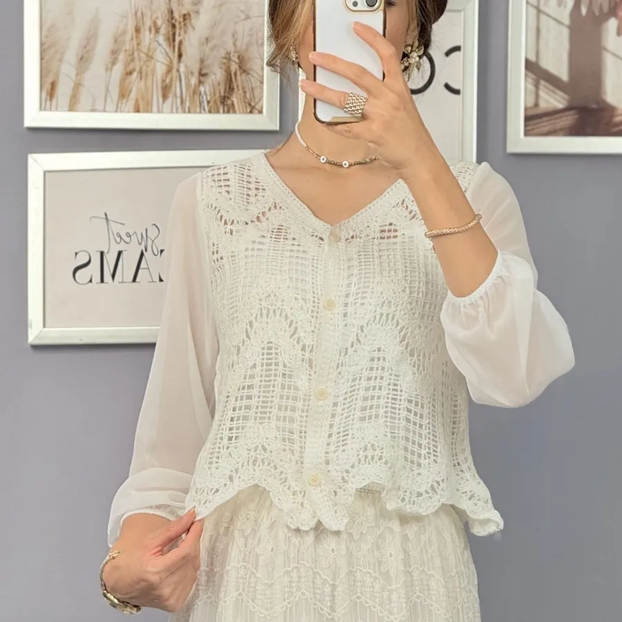 کراپ قلاب دوزی آستین حریر