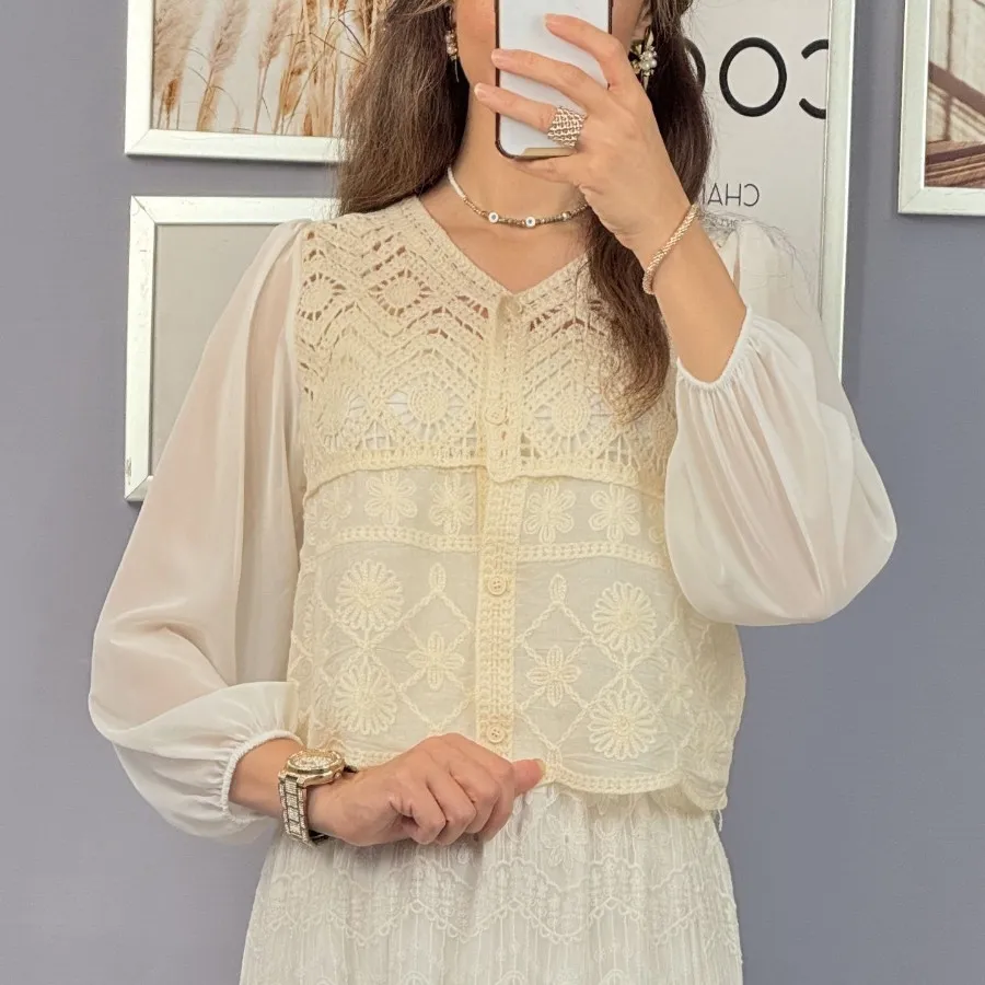 کراپ قلاب بافی آستین حریر