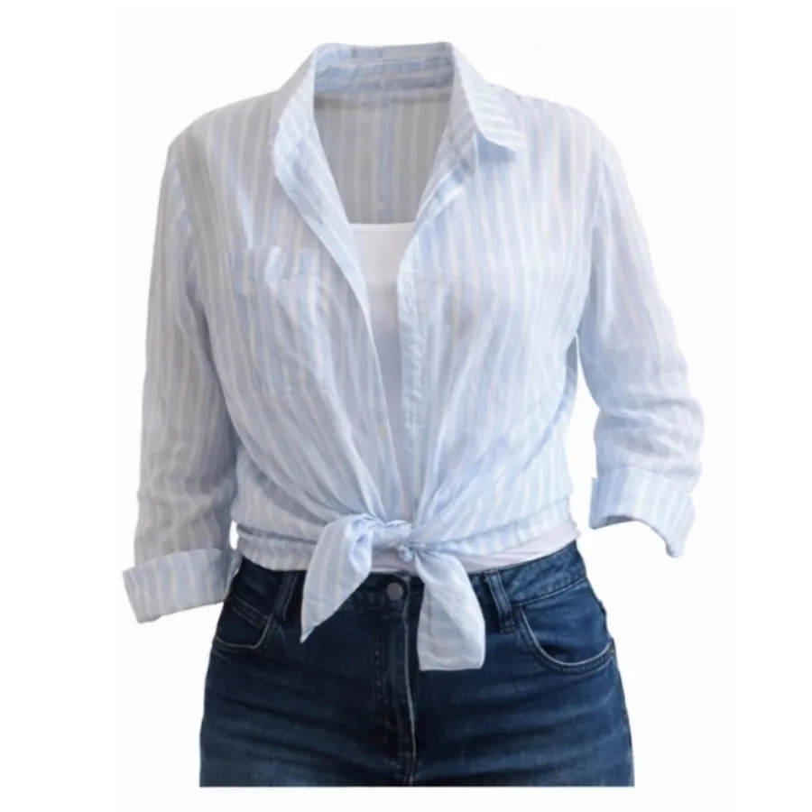 شومیز حریر آبی راه راه