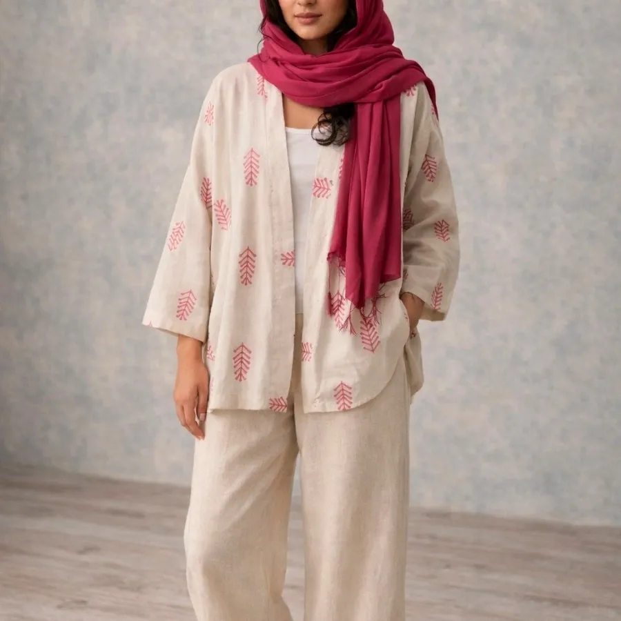 ست مانتو لینن کرمی و شال