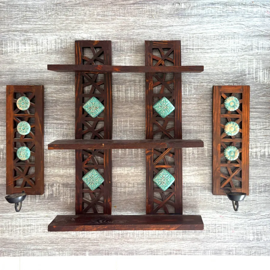 ست شلف و جاشمعی چوبی