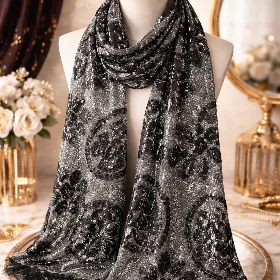 شال کارشده پولک دوزی شده